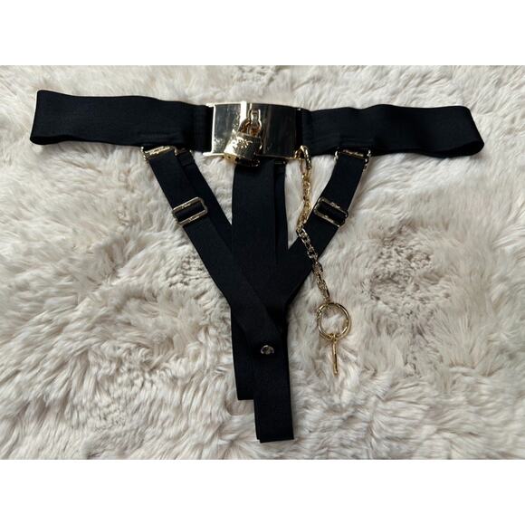 Honey Birdette CHASTITY🖤 Black Gold Lock Cheeky Brief Small - Picture 2 of 5